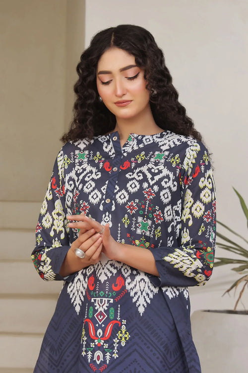 Navy blue printed kurta with colorful geometric patterns, stylish women's fashion for everyday wear