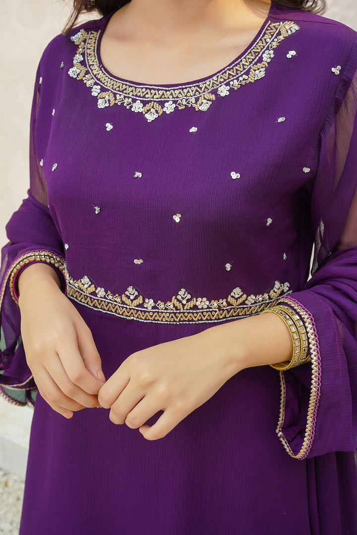 Chiffon Hand Adda Work 3 Pc Suit - Wear Ochre