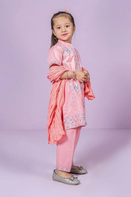 Pink embroidered kids salwar kameez with matching dupatta, perfect for festive occasions and everyday wear.