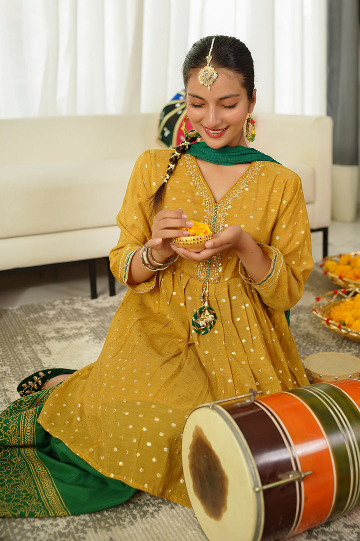 Slub Manar Hand Adda Work 3 Pc Suit - Wear Ochre