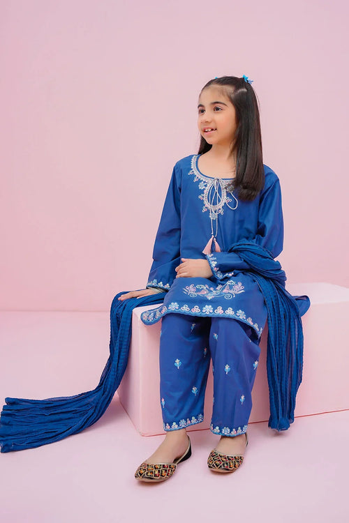 Blue embroidered kids shalwar kameez with dupatta, stylish girls fashion outfit