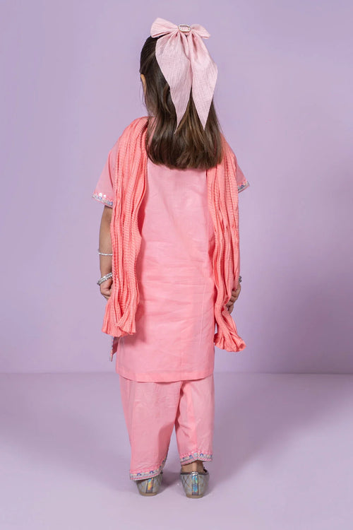 Pink kids' kurta set with matching dupatta and bow hair accessory, perfect for festive occasions
