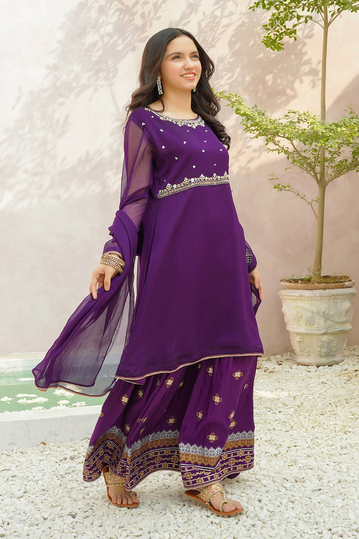 Chiffon Hand Adda Work 3 Pc Suit - Wear Ochre