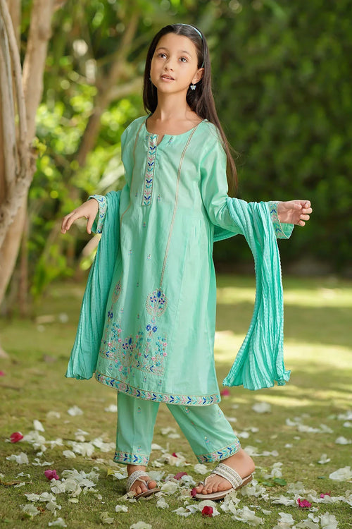 Mint green embroidered kids kurta set with flared sleeves, perfect for festive occasions and casual wear