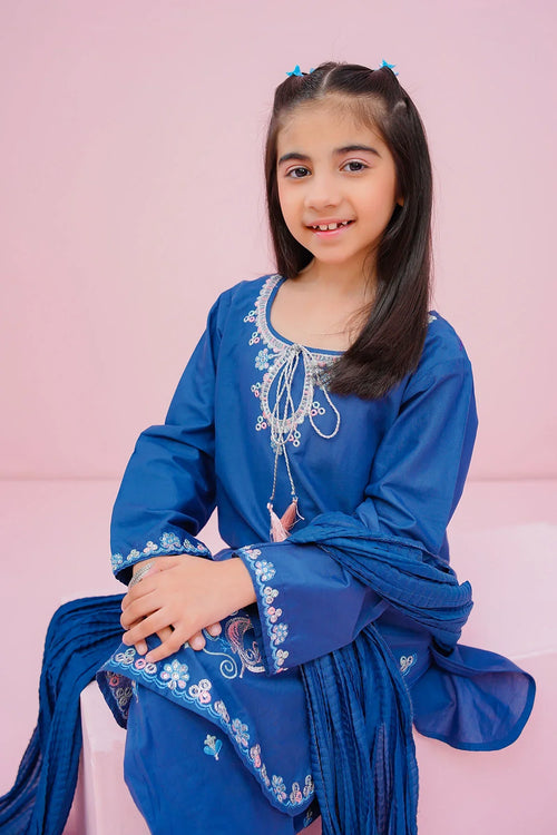 Girl in blue embroidered kids outfit, trendy fashion for special occasions