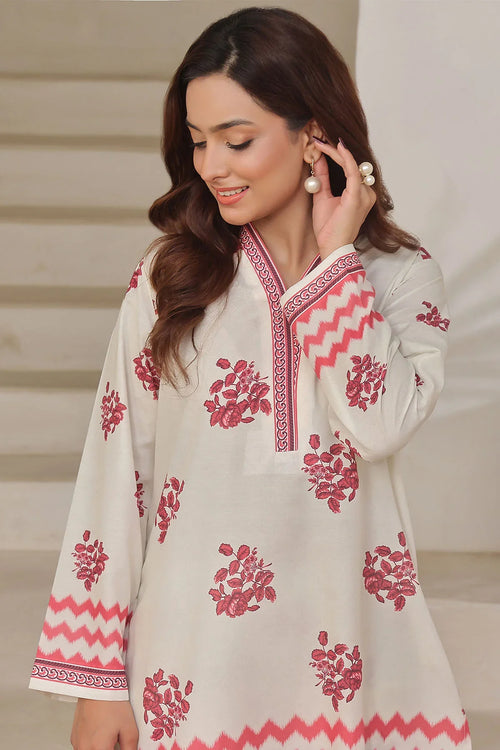 White kurti with red floral print and zigzag border, stylish women's ethnic wear