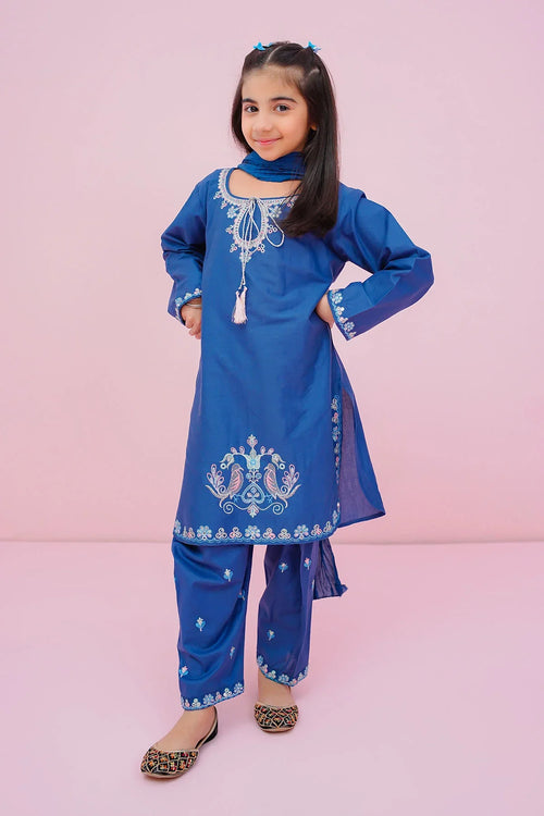 Blue embroidered kids kurta set with matching pants and dupatta, perfect for festive occasions