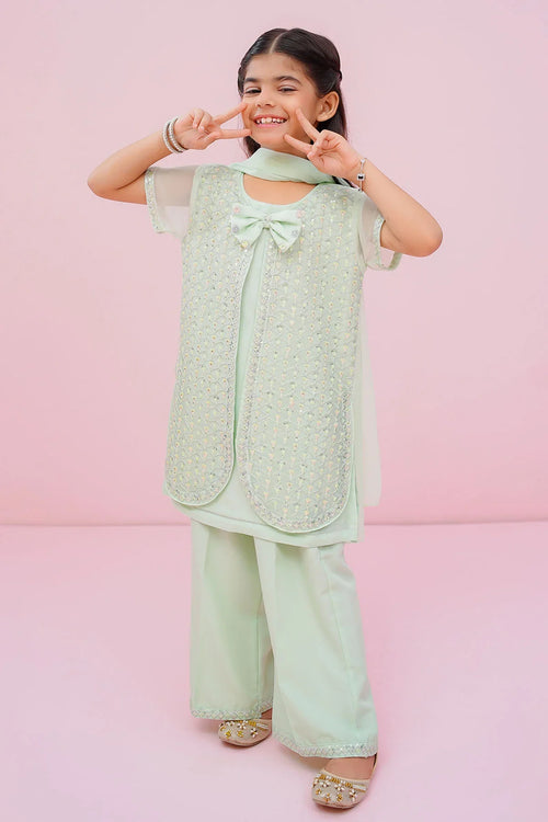 Little girl in mint green embroidered kids outfit with bow, perfect for festive occasions and parties.