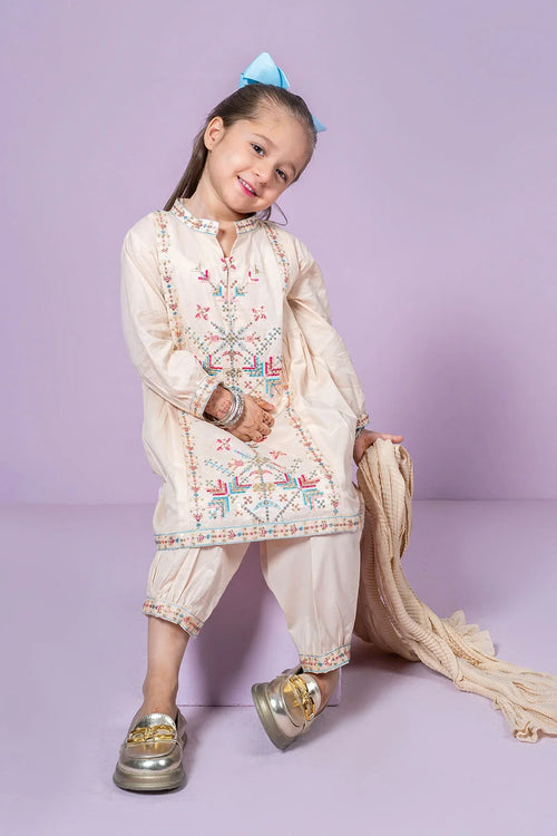 Little girl in embroidered cream kids outfit with matching pants and dupatta, perfect for festive occasions