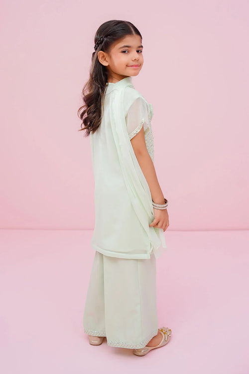 Little girl in mint green embroidered kids outfit, perfect for festive occasions and daily wear.