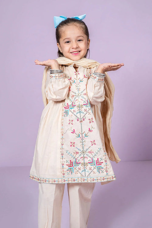 Little girl in embroidered cream kids outfit with matching dupatta, perfect for festive occasions