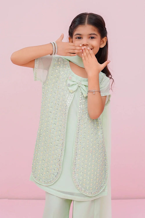 Girl in mint green embroidered kids outfit with bow detail, perfect for festive occasions