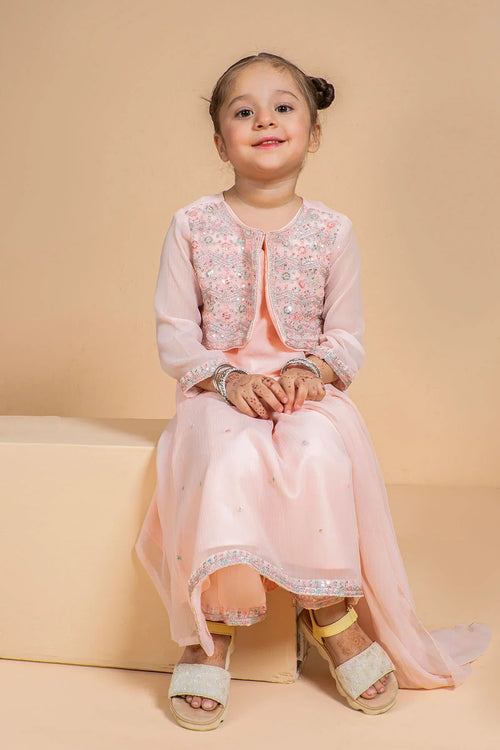 Little girl in pink embroidered kids party dress with matching jacket and sandals, perfect for festive occasions.