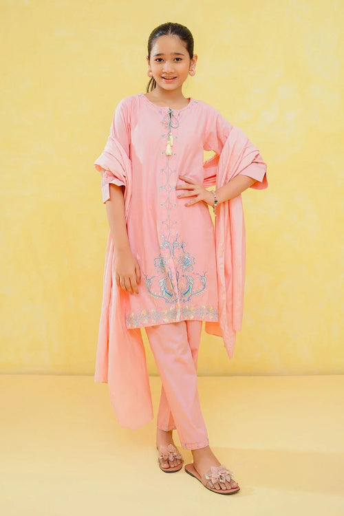 Pink embroidered kids kurti set with matching pants and dupatta, stylish girls fashion