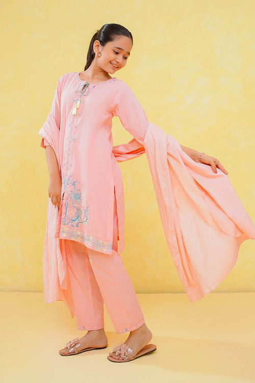 Pink embroidered girls' kurta set with matching pants and dupatta, stylish for casual wear