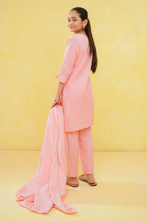 Pink girls' kurta set with matching pants and dupatta, stylish for casual wear