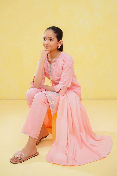 Pink embroidered girls' kurta set with matching pants and floral sandals, perfect for casual wear