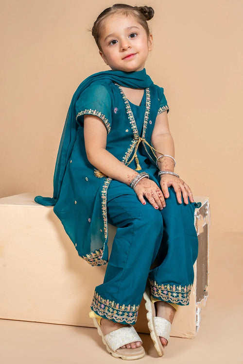 Toddler girl in teal embroidered traditional outfit with dupatta, perfect for festive occasions.