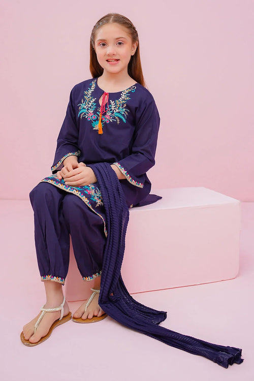 Navy blue embroidered kids kurta set with matching pants and dupatta, perfect for festive occasions.