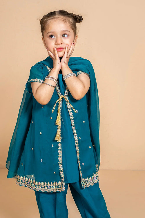 Teal kids ethnic outfit with embroidery & tassels, perfect for festive occasions