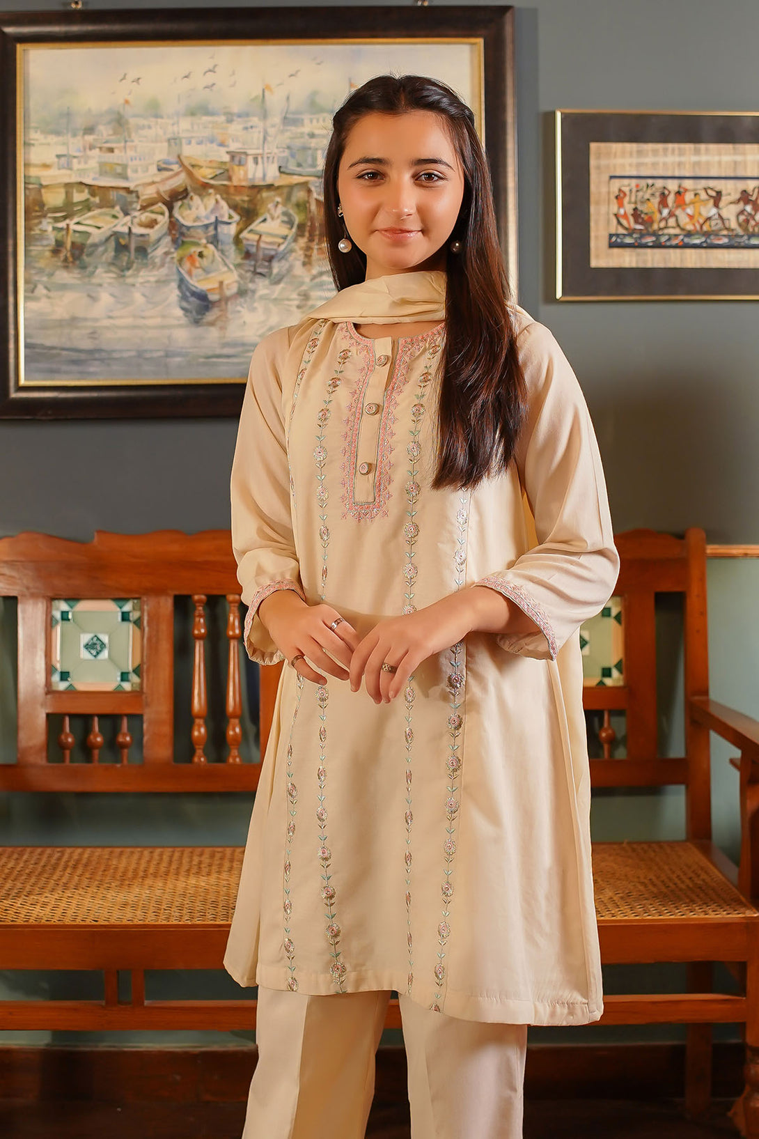 Cotton Embroidered 3 Pc Suit - Wear Ochre