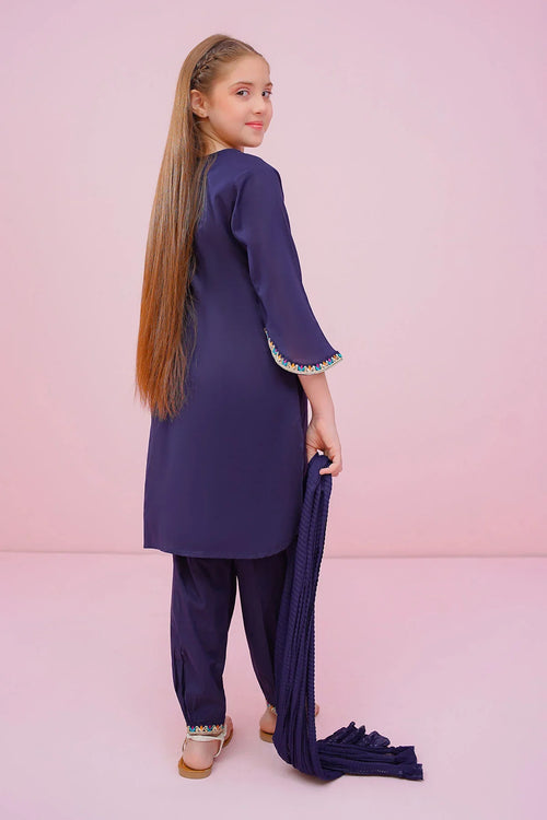 Girl in navy blue embroidered kurta set with matching pants and dupatta, trendy kids fashion