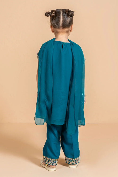 Teal kids kurta set with embroidered pants and dupatta, back view