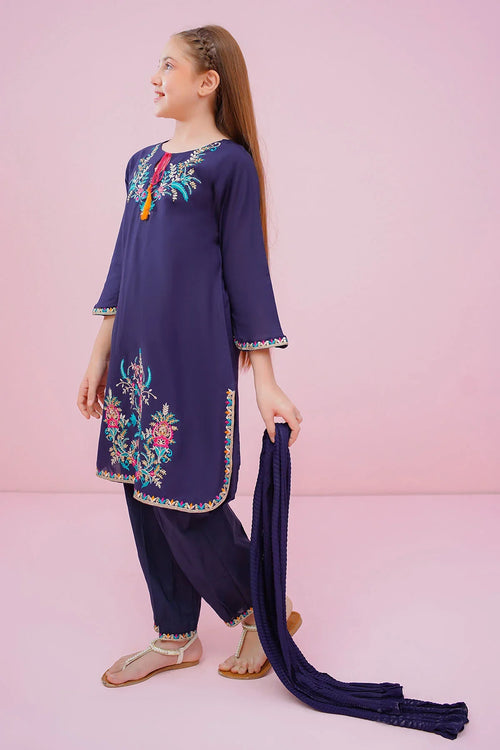Navy blue embroidered girls' kurta set with matching dupatta, stylish for casual wear