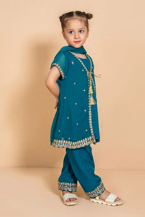 Teal kids ethnic wear with gold embroidery, perfect for festive occasions and daily wear.