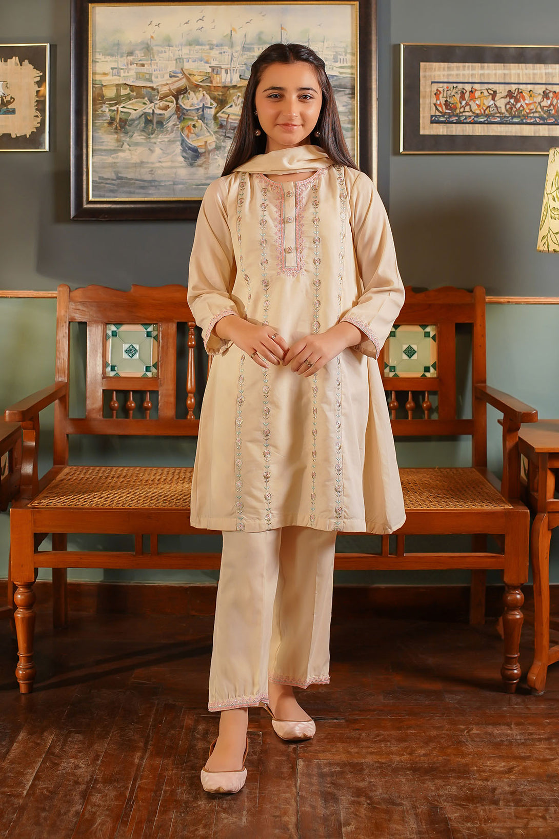 Cotton Embroidered 3 Pc Suit - Wear Ochre