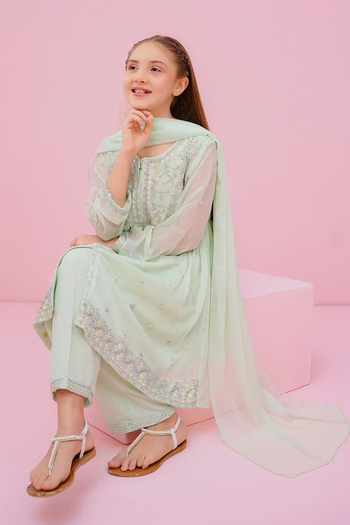Girl in mint green embroidered kids outfit with dupatta, perfect for festive occasions