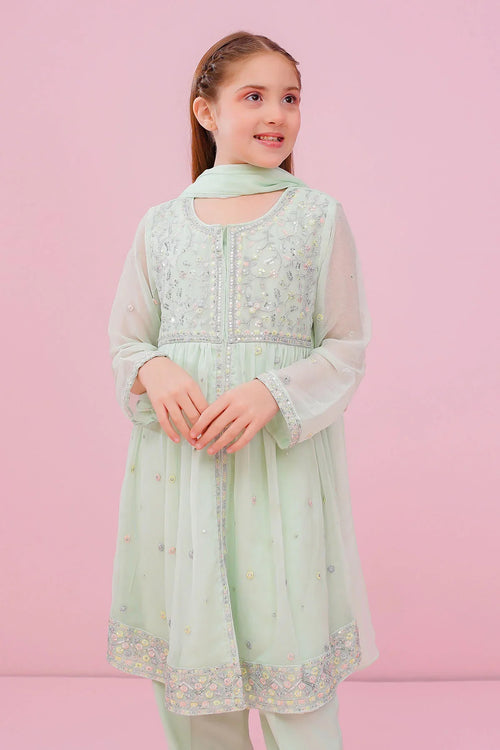 Girl in mint green embroidered kids outfit with sheer sleeves and matching dupatta, perfect for festive occasions.
