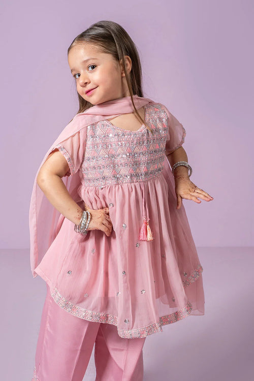 Pink embroidered kids party dress with dupatta, perfect for festive occasions and celebrations