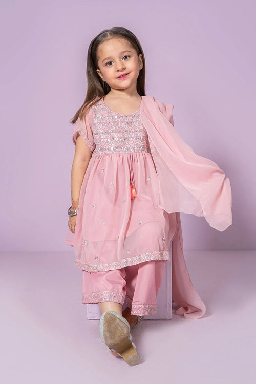 Pink embroidered kids outfit with matching dupatta, perfect for festive occasions and parties.