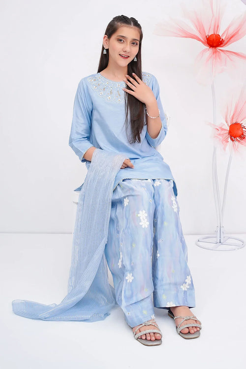 Light blue embroidered girls' shalwar kameez with floral pants and dupatta, perfect for festive occasions.