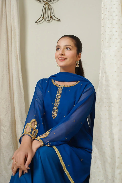 Chiffon Hand Adda Work 3 Pc Suit - Wear Ochre