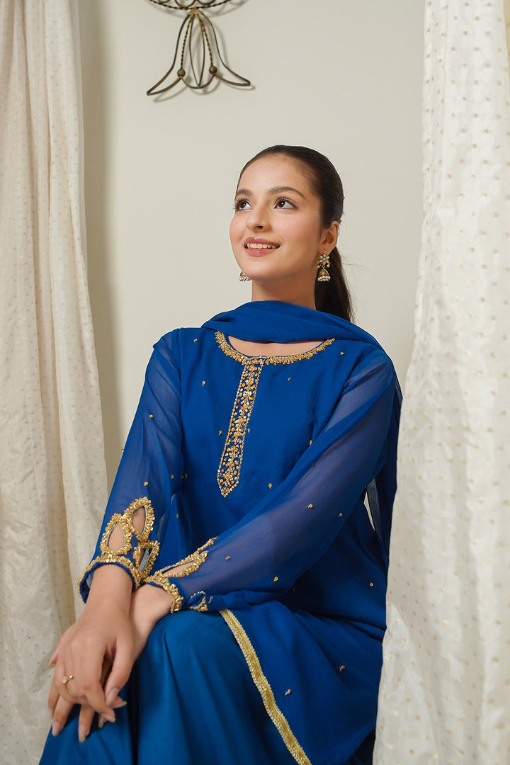 Chiffon Hand Adda Work 3 Pc Suit - Wear Ochre