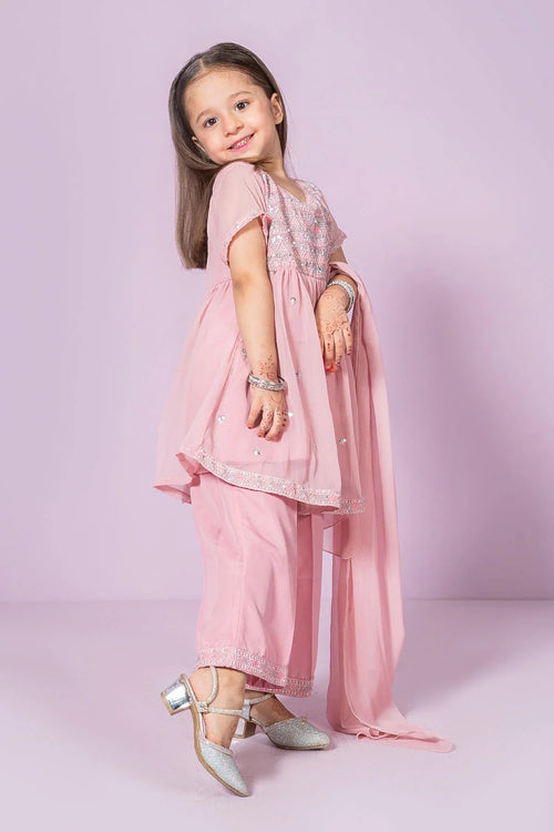 Little girl in pink embroidered kids outfit with dupatta, perfect for festive occasions and parties.