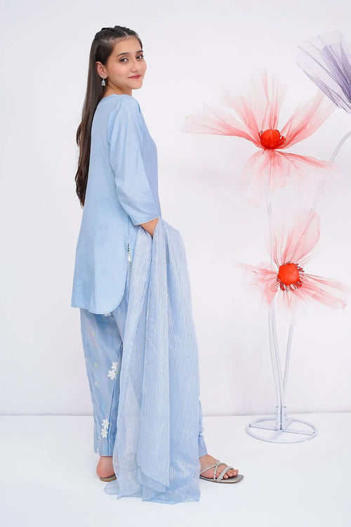 Light blue floral print pants with matching tunic and dupatta, stylish girls' outfit for casual wear