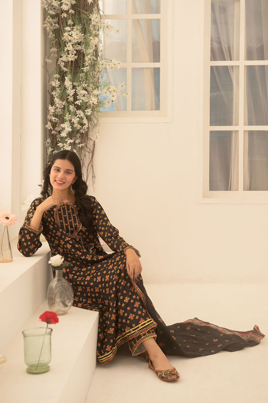 Herringbone Digital Printed 3 Pc Suit - Wear Ochre