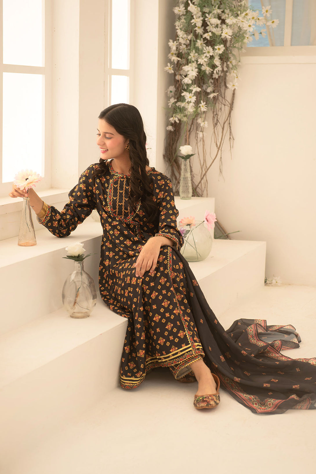 Herringbone Digital Printed 3 Pc Suit - Wear Ochre