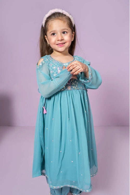 Little girl in turquoise embroidered dress with henna, perfect for kids' festive occasions