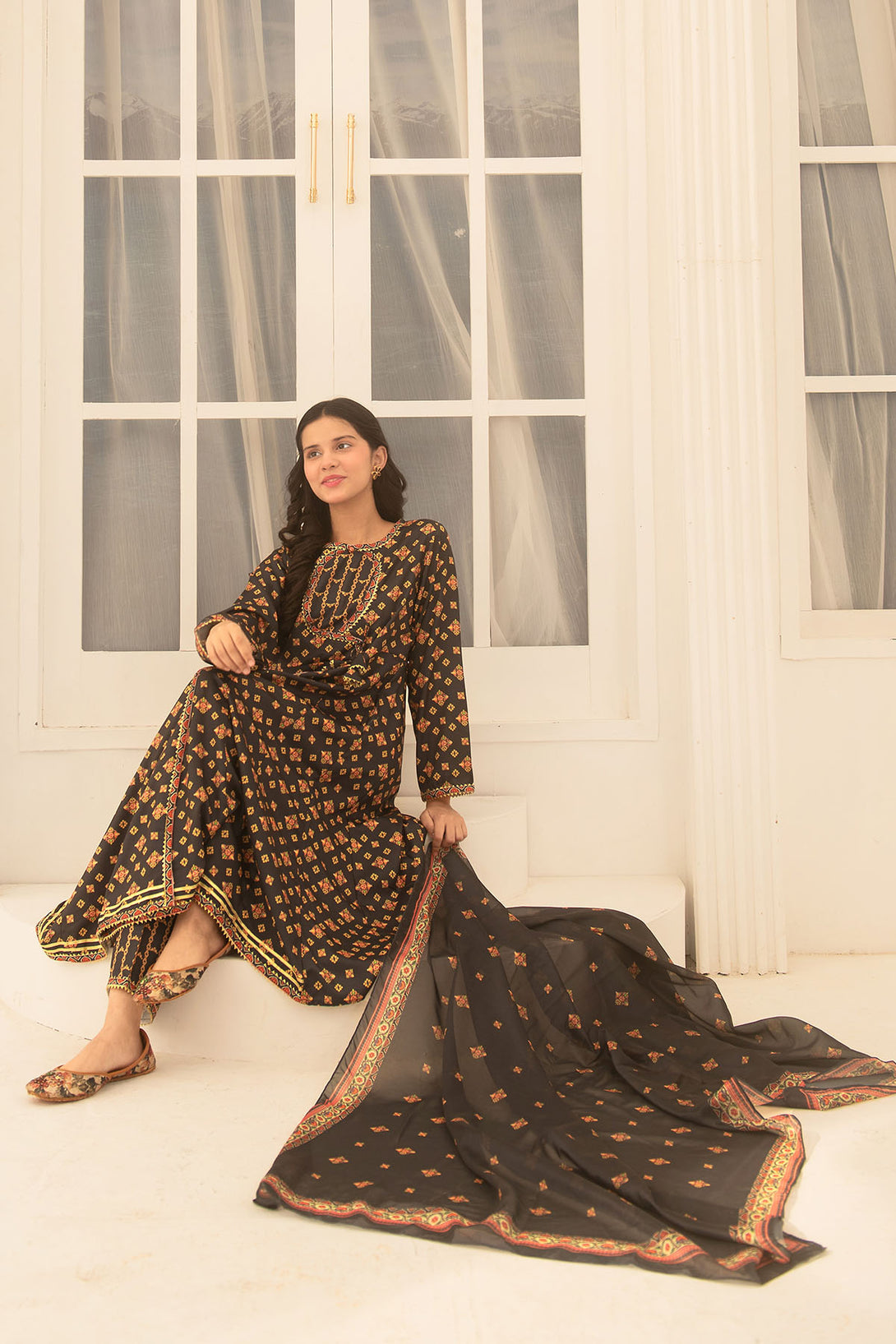 Herringbone Digital Printed 3 Pc Suit - Wear Ochre
