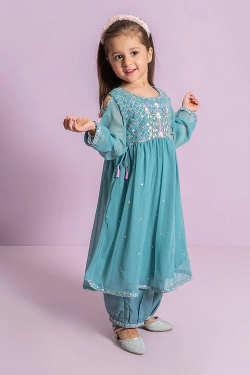 Trendy teal kids dress with embroidery, perfect for festive occasions and parties