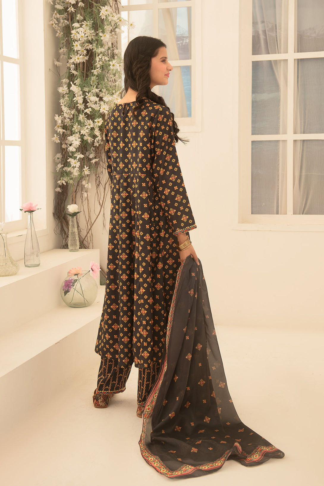 Herringbone Digital Printed 3 Pc Suit - Wear Ochre