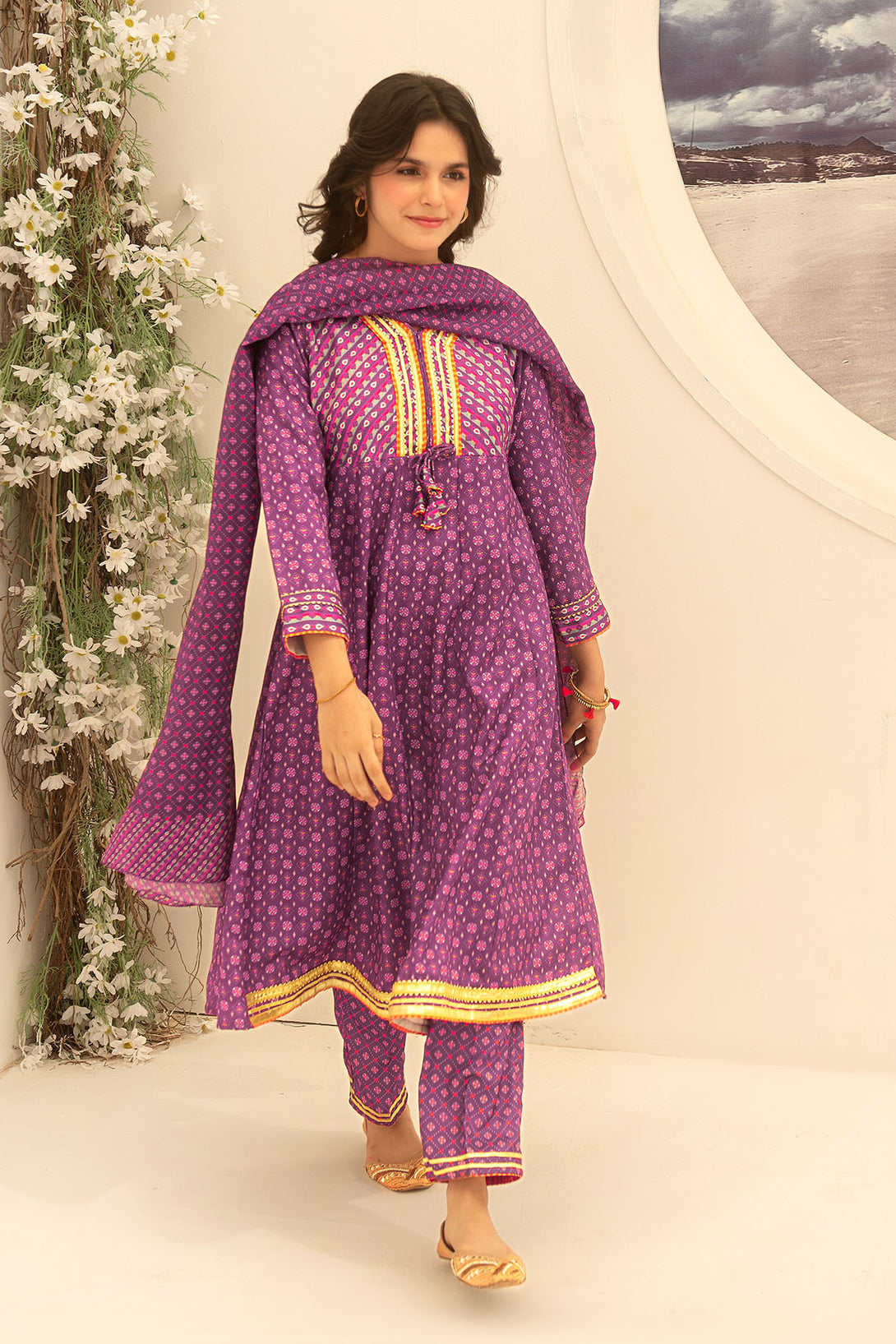 Herringbone Digital Printed 3 Pc Suit - Wear Ochre
