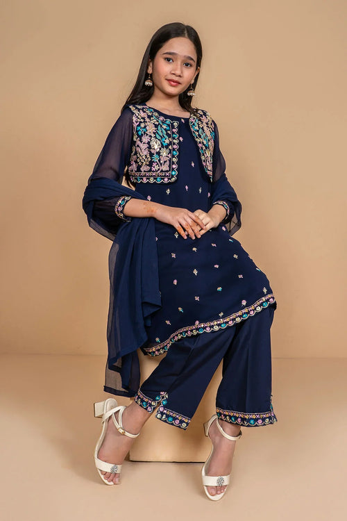 Navy blue embroidered kids' kurta set with matching pants and dupatta, perfect for festive occasions