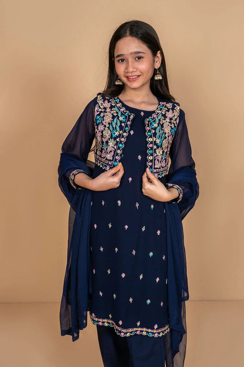 Navy blue embroidered kids kurta set with floral details, perfect for festive occasions