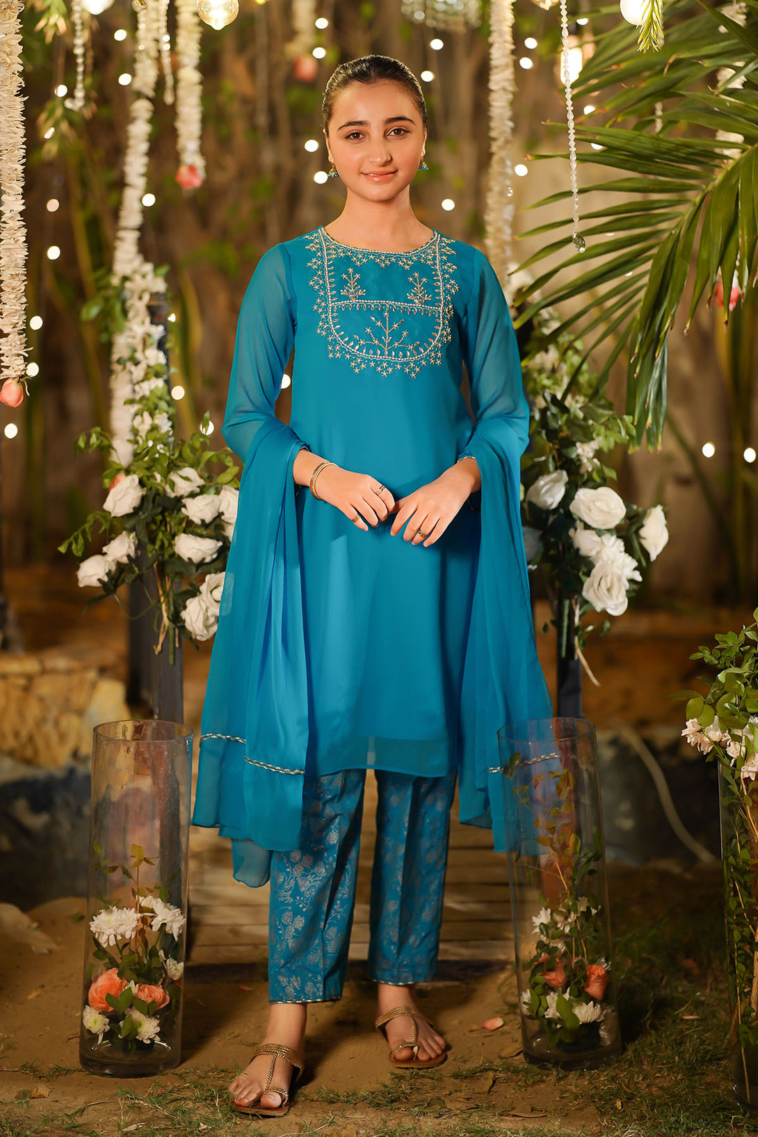 Chiffon Hand Adda Work 3 Pc Suit - Wear Ochre