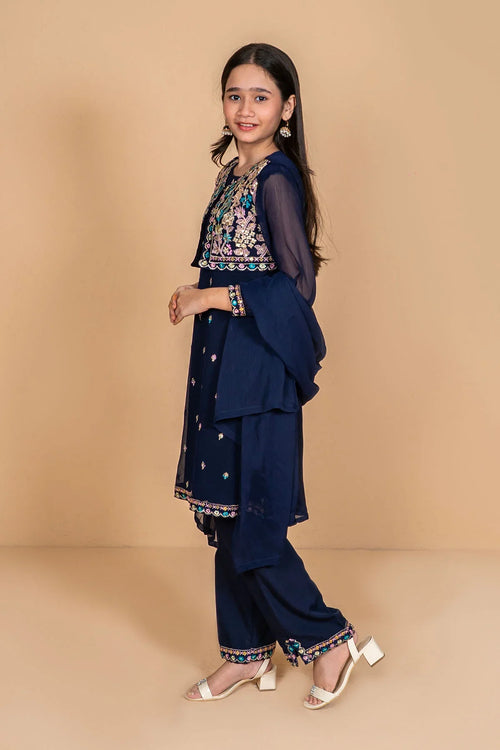 Navy blue embroidered kids outfit with sheer sleeves and matching pants, perfect for festive occasions.